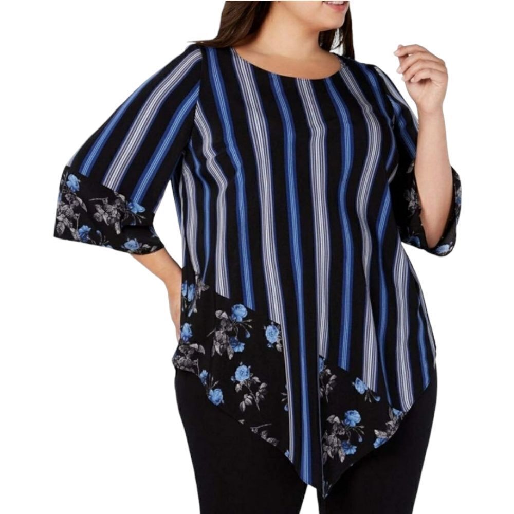 Alfani V-Hem Pullover Blouse Blue Floral Stripes Bell Sleeves Size Medium